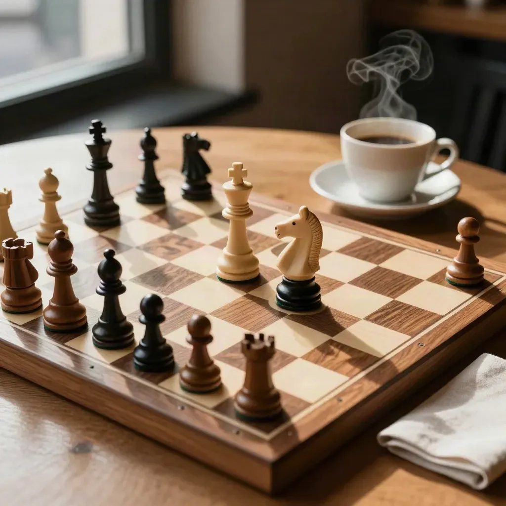 Schachbrett mit Springer-Gabel, Espresso und Serviette im warmen Morgenlicht im Café.