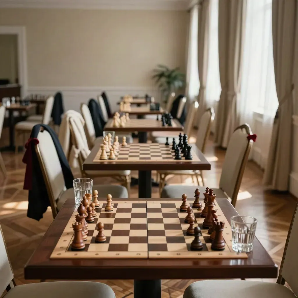 Hotelballsaal mit zwei Schachbrettern, Wassergläsern, Jacken auf Stühlen und Sonnenlicht.